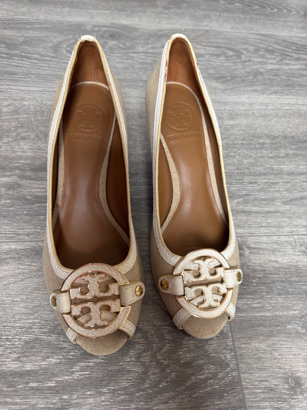 Tory Burch Neutral Beige Logo Ballet Flats with Gold Medallions